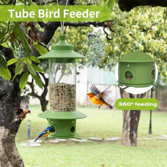 Weather-Resistant Light Green Squirrel Proof Bird Feeder for Outdoors, Hanging Metal Tube Feeders with 4.8lb Capacity and 4 Ports for Bluebird, Cardinal, Finch, and Jay, Bird Feeders Outdoors Squirrel Proof, Sloping Roof Desi