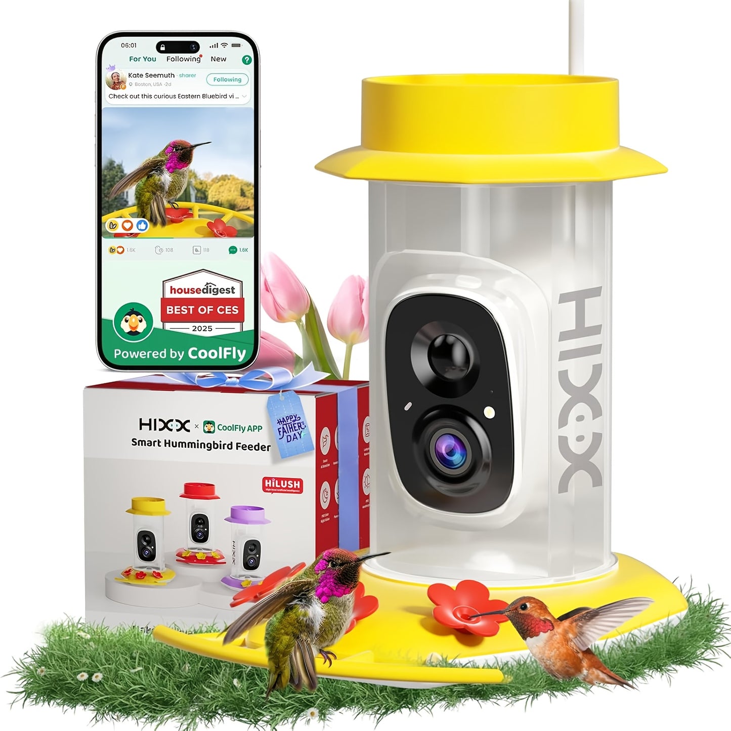 HIXX Smart Hummingbird Feeder with Camera, Hummingbird Feeder Flowers, Outdoor Bird Feeder, Wildlife Observation, Backyard Wildlife, Modern Bird Accessory, Sleek Outdoor Design, Solarpowered Feeder, Durable Plastic, Camera Fe