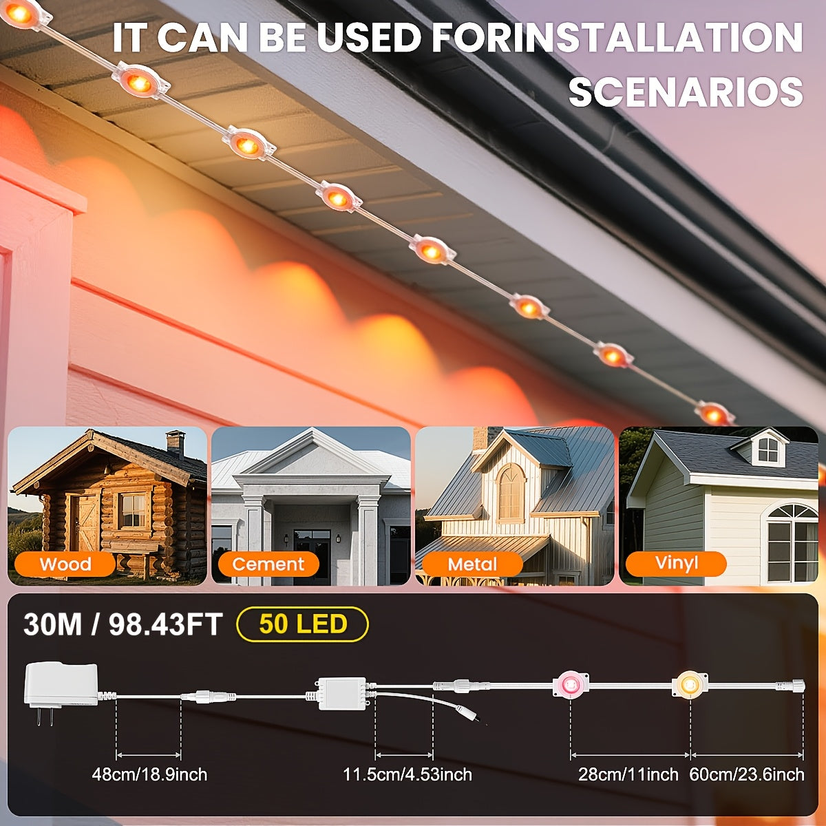 100ft 50LEDS/150ft 75LEDS Permanent Outdoor Lights, for House Roof, Christmas, Holiday, Party, Daily Lighting, IP67 Waterproof, RGB Eaves Lights with Multi Scene Modes for Halloween, APP & 44 KEY Remote, Festive Lights, Dynam