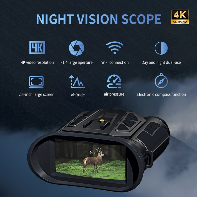 4K Night Vision Binoculars with 16X Digital Zoom, Supporting Photo And Video Recording. 2.4in Screen, 7-Level IR Adjustable, 3000mAh Battery (5-6 Hours), 32GB TF Card, WiFi, Altitude, Barometer, E-Compass - Handheld, Helmet &