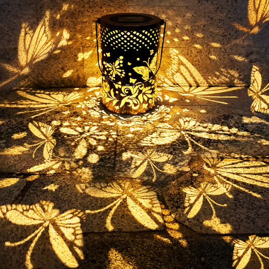 Large Updated Solar Iron Outdoor Decorative Lights - With 3D Dynamic Projection And Solar Battery, Floral And Butterfly Cutouts, IP65, Warm Ambiance Glow Suitable For Courtyards, Balconies, Or Lawns, Perfect Gift.