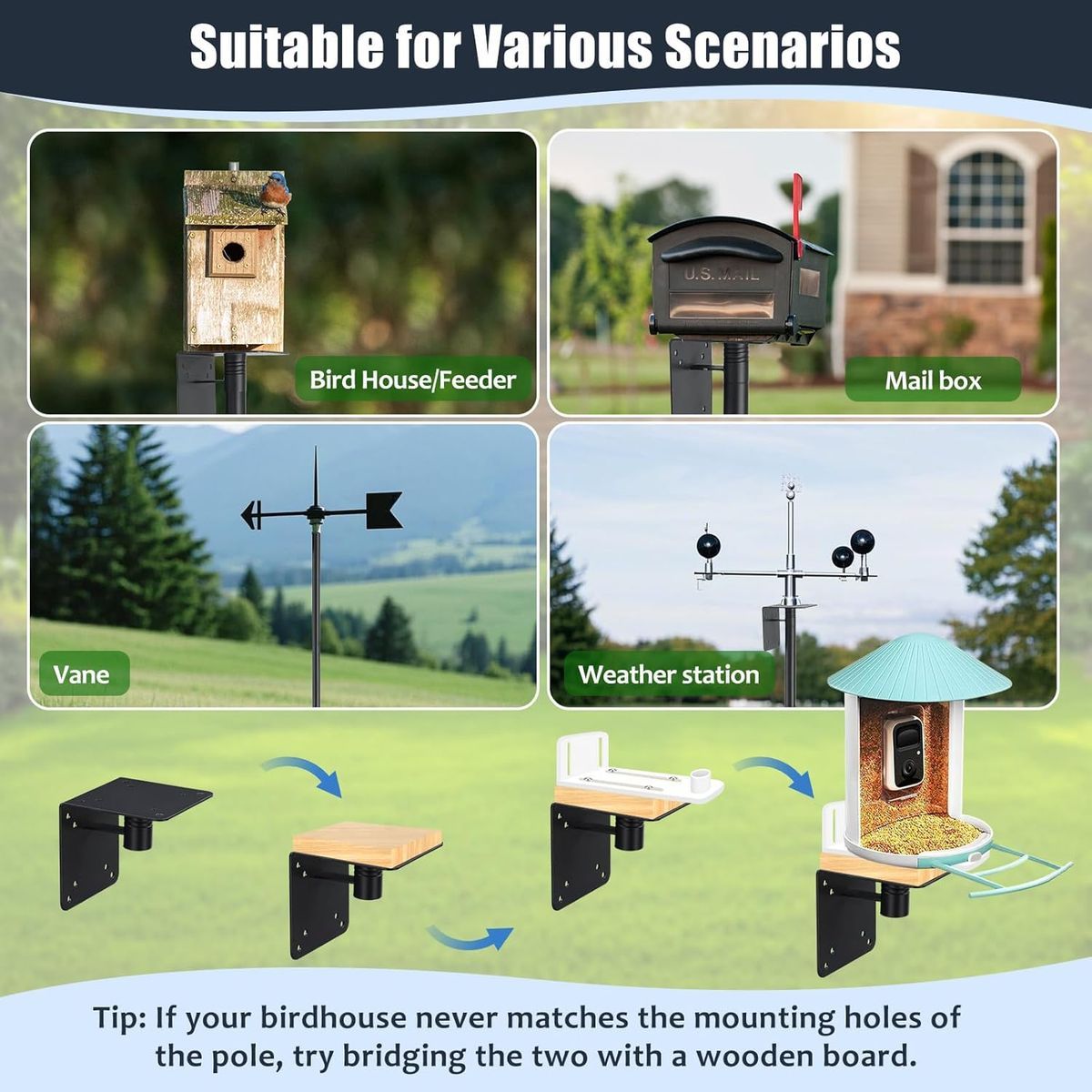 EUIJOIP 60" Heavy-Duty Adjustable Bird Feeder & House Pole - 1.2" Metal Tower with Auger Ground Stake, Mounting Bracket for Birdhouses, Feeders, Mailboxes - Tall Pole for Garden, Yard, Park (Bluebird/Hummingbird Compatible, B