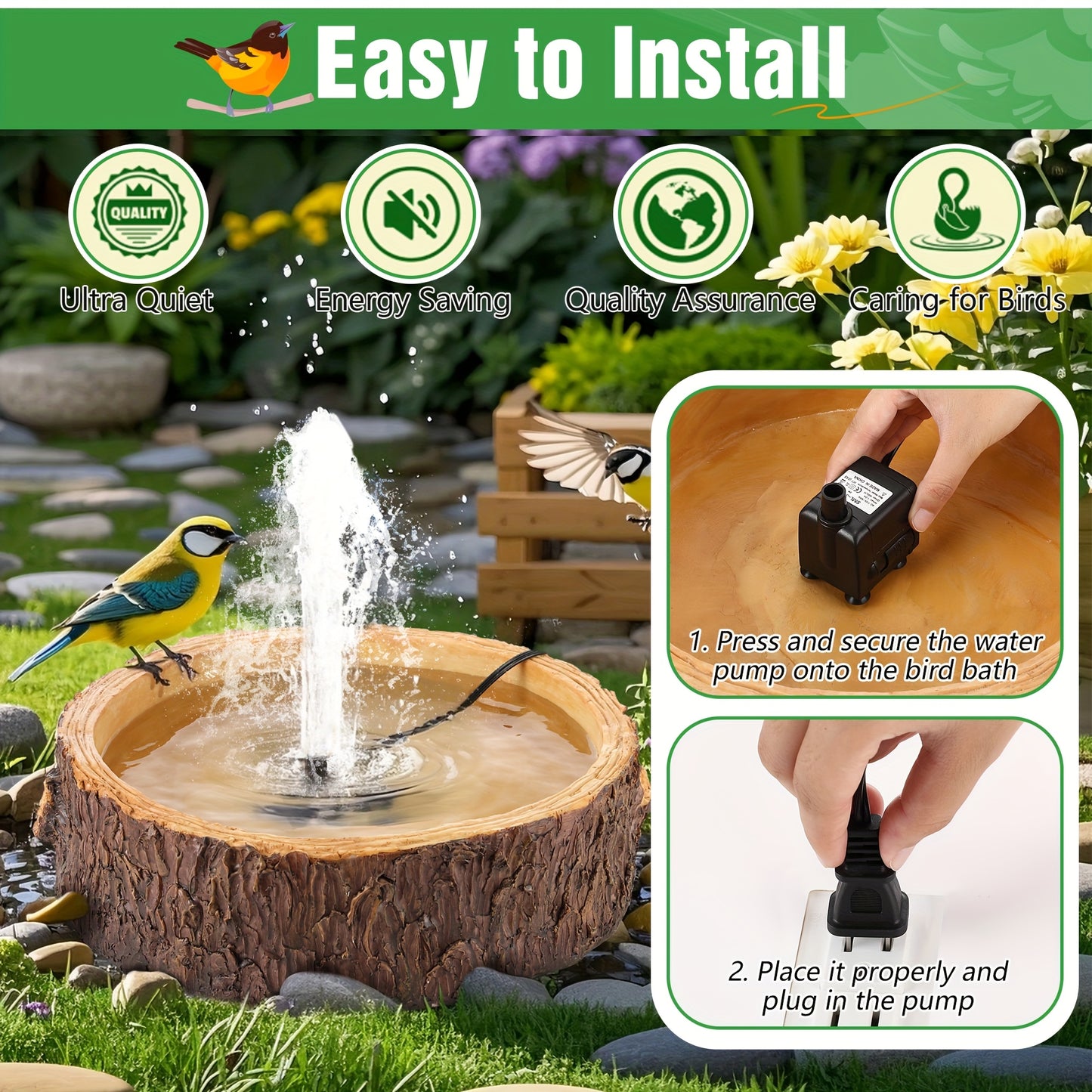 1 Outdoor Bird Bath Fountain with Adjustable 2 Nozzles, Easy Assembly Durable Garden Decor - Attracts Birds to Yard, Patio, Balcony, Lawn, Bird Baths for Outdoors, Patio Decoration, Trunklike Design, Natural Appearance, Reali