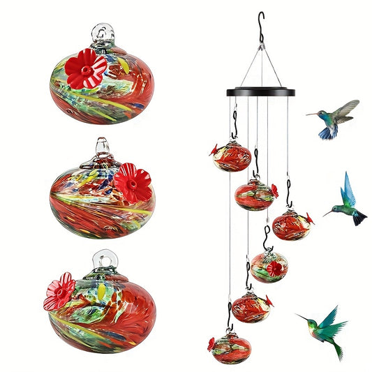 Hand-Blown Glass Wind Chime Hummingbird Feeder - Ant & Bee Proof, Never-Leak Design, Vibrant Floral Garden Decor for Outdoor Use, No Electricity Needed, Hummingbird Decor, Artistic Feeder, Decorative Glassware