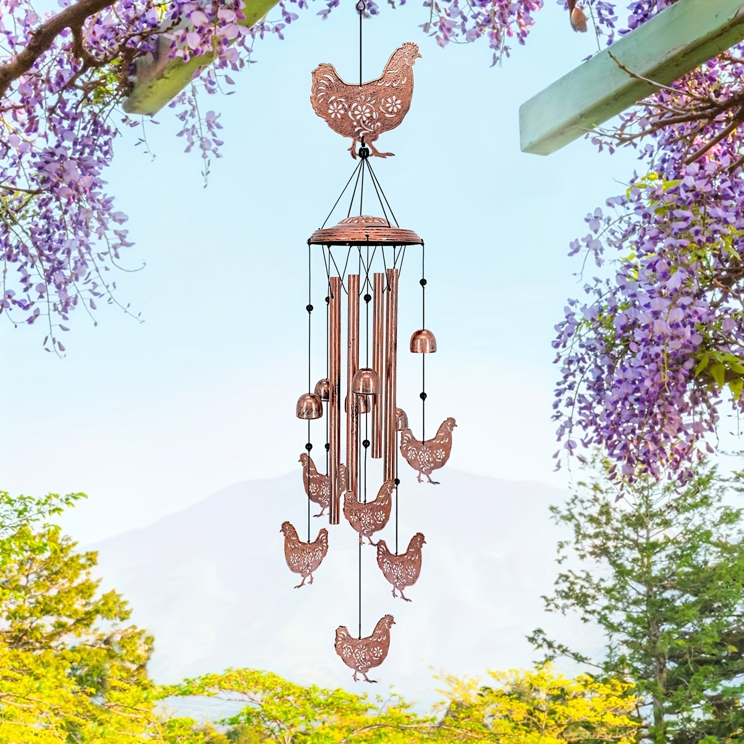 37-Inch Farmhouse Chicken Wind Chime - with Hanging Chains & S-Hooks, Rustic country garden Decor, Durable Metal-like appearance for Patio, Porch, Yard - No Electricity Needed, Perfect Housewarming or Birthday Gift for Farmer