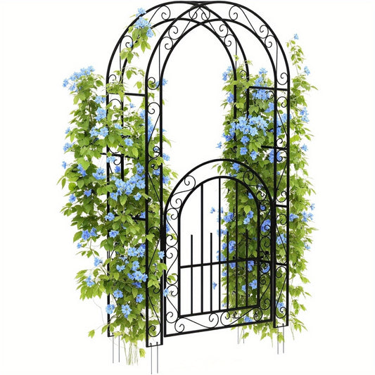 7ft Elegant Garden Arch Trellis with Gate - Romantic Irons Wedding Arbor for Climbing Roses & Flowers, Decorative Metal Archway for Backyard, Patio or Lawn, Classic Black, Durable Metal Construction, Easy Assembly, No Tools N