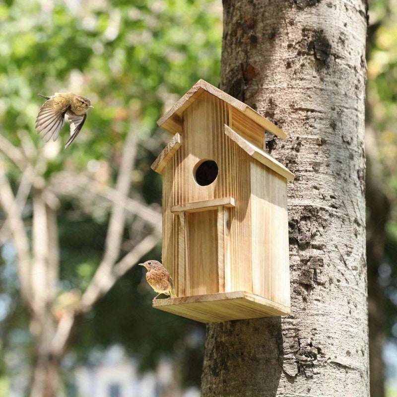 Outdoor Wooden Bird House with Pole - Classic Wall-Mounted Hummingbird House, No Electricity Needed, Durable Weather-Resistant Design for Garden & Patio, Attracts Birds & Wildlife, Bird Decor, Wildlife Attraction, Natural Aes
