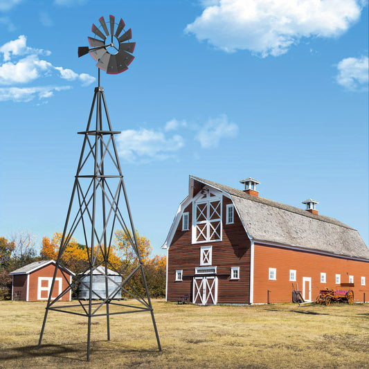 MAXMASS 8 ft Ornamental Windmill, All-Weather Metal Wind Mill w/ 4 Support Legs, Decorative Weathervane for Backyard, Garden, Farm, 4 Ground Stakes Included