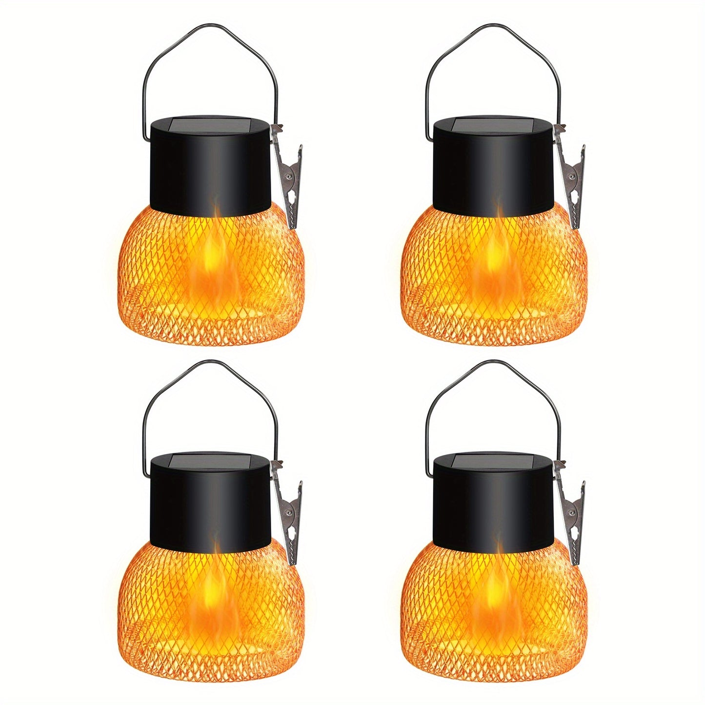 4 Pack Solar Flame Lanterns Outdoor Hanging Lights - Solar-Powered with Auto On/Off, IP65 Waterproof, No Wiring Needed, Black Metal Lanterns with Hanging Hooks for Garden, Patio, Party, Camping, BBQ - Warm Golden-Yellow Flame