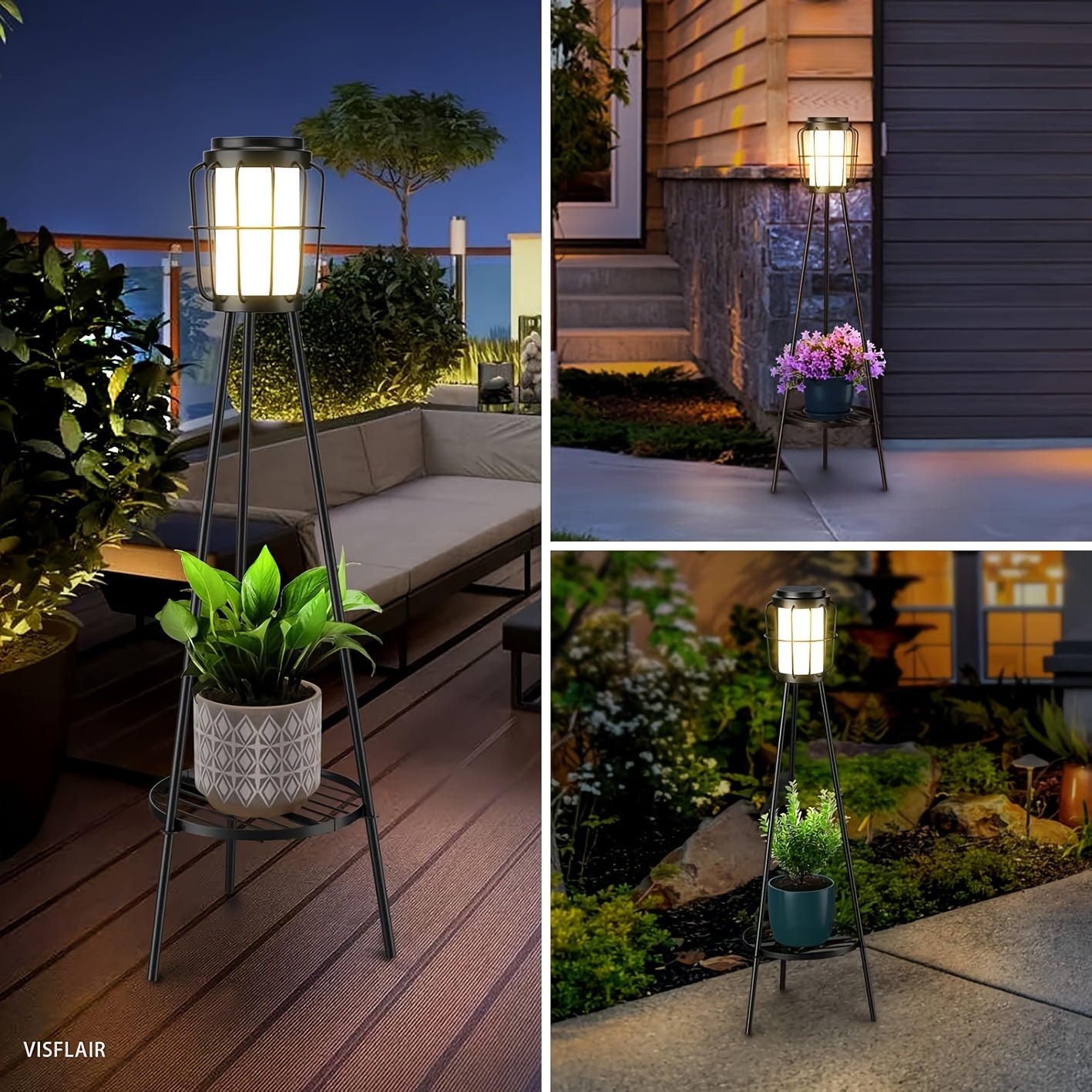 36" Solar-Powered Outdoor Floor Lamp with Metal Plant Stand - Adjustable Brightness, Durable Metal Construction, Ideal for Patio, Deck, Yard, Garden Decor - Space-Themed, Toggle Control, Solar Charging, No Remote Needed, Gard