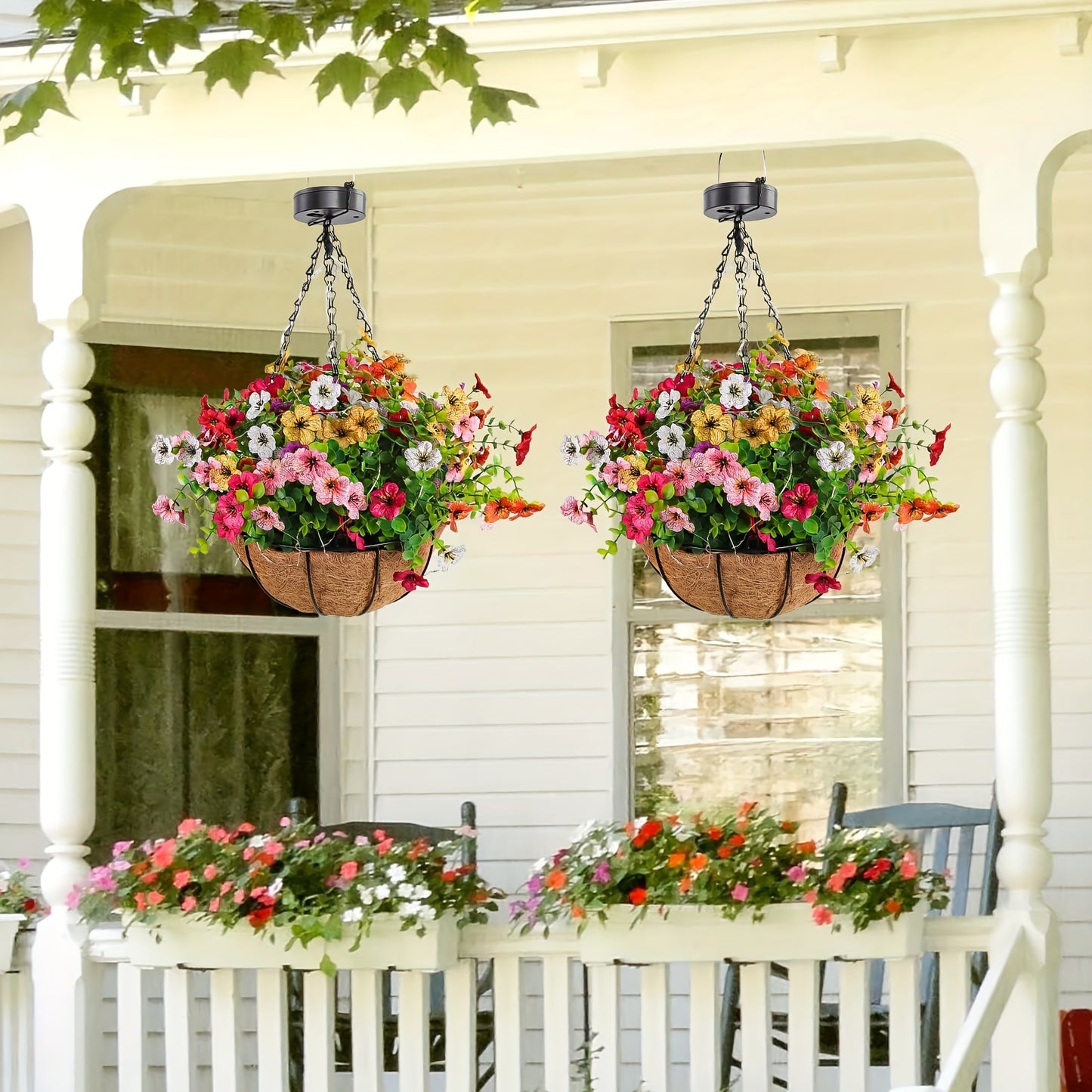 1-Pack Solar-Powered Hanging Lights with Auto On/Off Sensor, Solar Flower Basket Lights with Fake Plants - Outdoor Garden, Patio, Pathway, Lawn Decorations - Solar Lighting for Landscape, No Wiring Needed, Durable Plastic Con