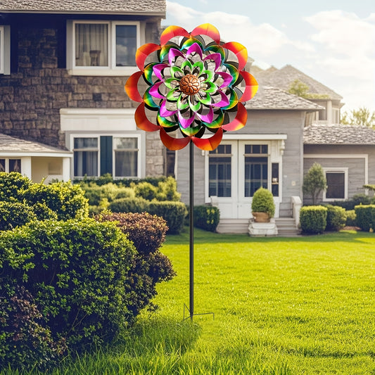 1pc Large Metal Wind Spinner - Floral Garden Decor with Vibrant Pink, Orange, Yellow, Green, Purple, Brown - Wind-Powered Spinner for Outdoor, Patio, Wedding, Party - No Electricity/Battery Needed - Durable Metal Construction