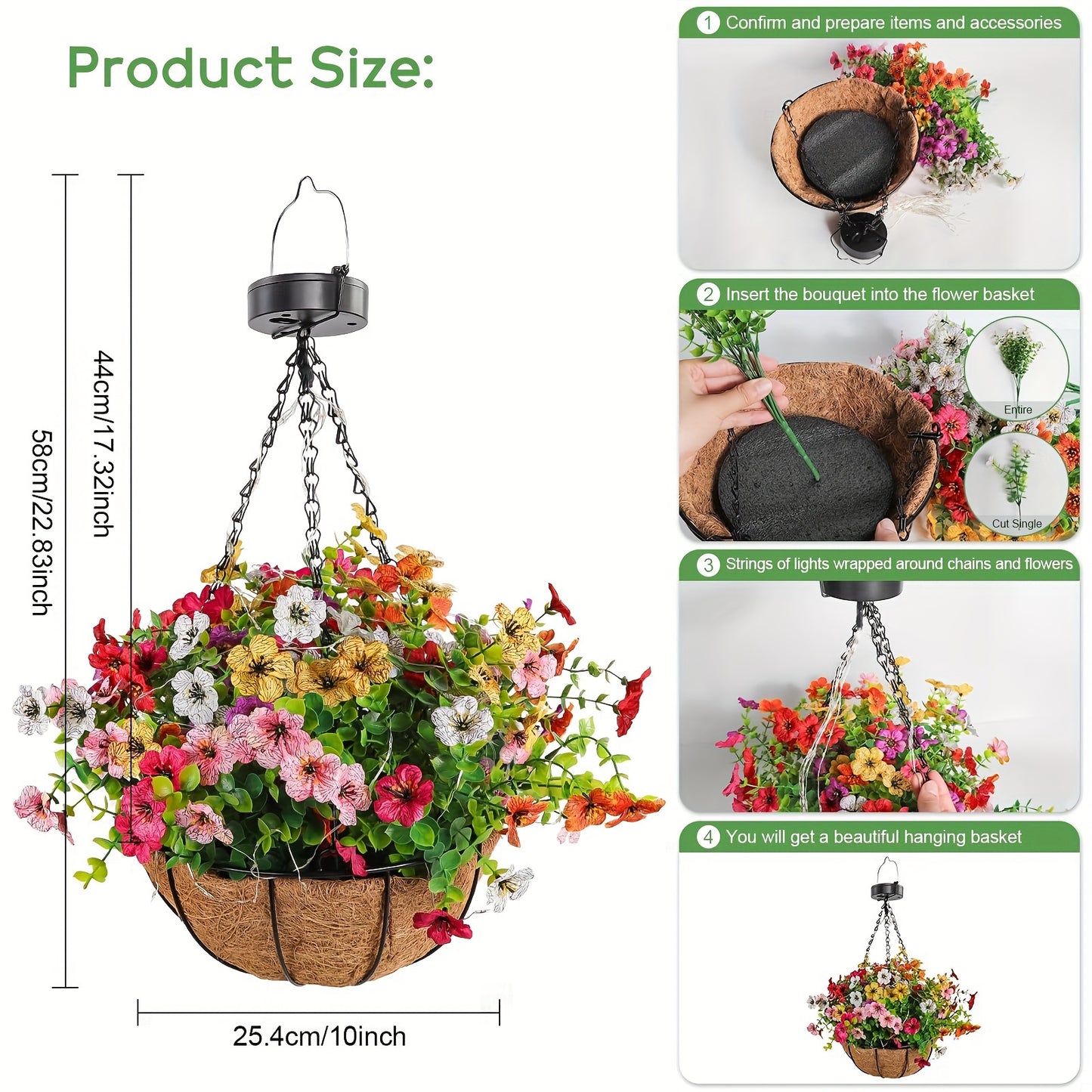 1-Pack Solar-Powered Hanging Lights with Auto On/Off Sensor, Solar Flower Basket Lights with Fake Plants - Outdoor Garden, Patio, Pathway, Lawn Decorations - Solar Lighting for Landscape, No Wiring Needed, Durable Plastic Con