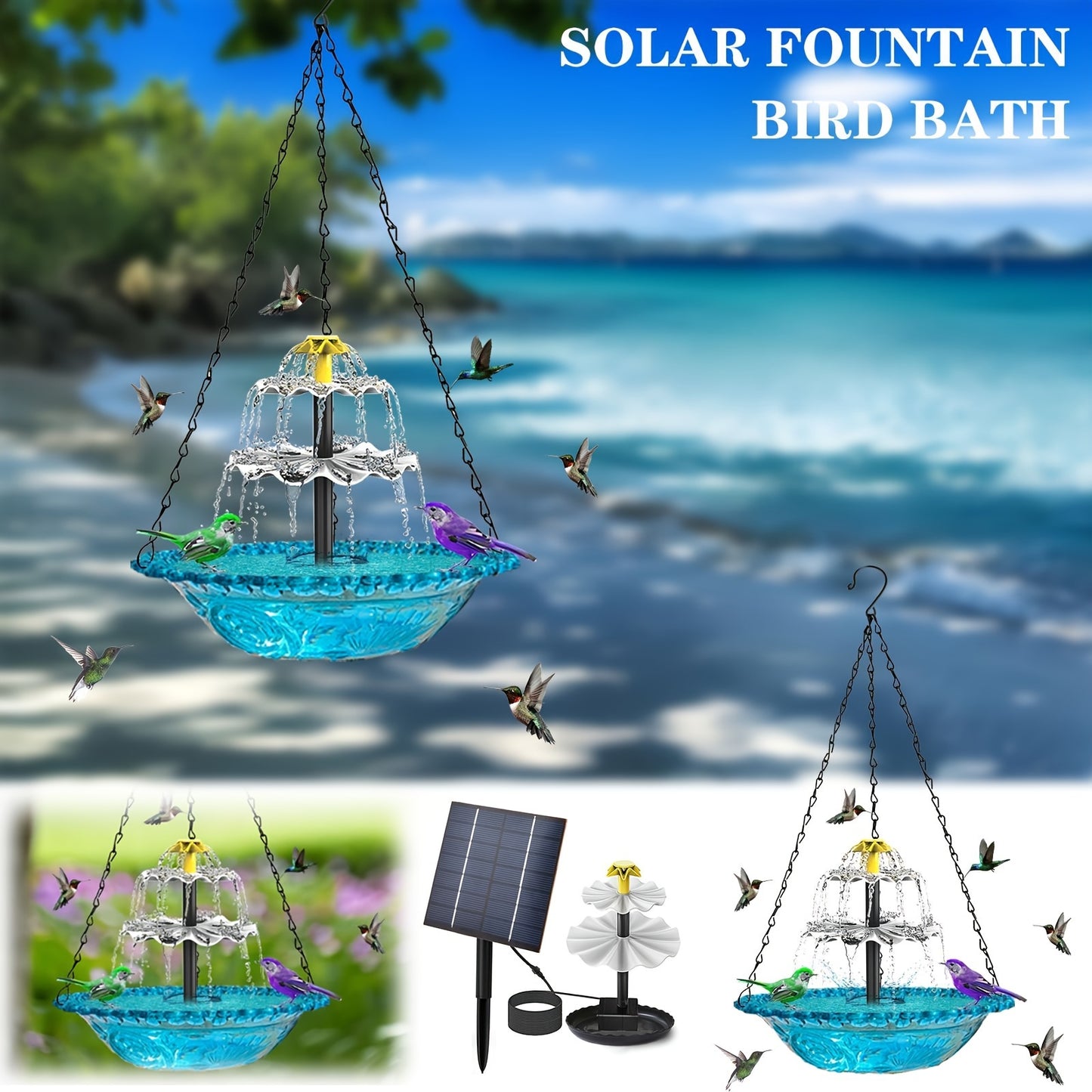 Solar Fountain Bird Bathing Fountain Outdoor Bird Feeder, Three Story Flowing Water Decorative Fountain Bird Feeding & Bathing Equipment, Detachable DIY, Bird Feeding Station, Garden Decoration, Hummingbird Attractor, Bird Lo