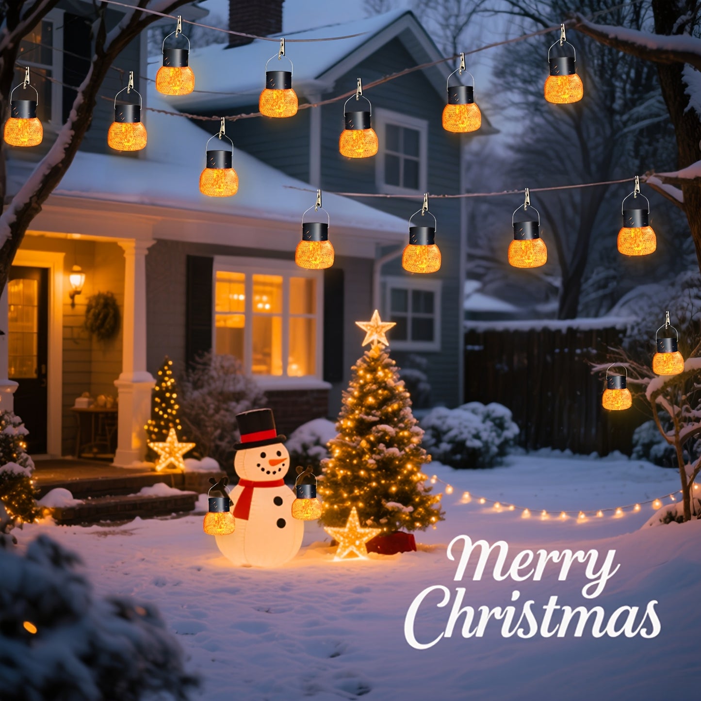 4 Pack Solar Flame Lanterns Outdoor Hanging Lights - Solar-Powered with Auto On/Off, IP65 Waterproof, No Wiring Needed, Black Metal Lanterns with Hanging Hooks for Garden, Patio, Party, Camping, BBQ - Warm Golden-Yellow Flame