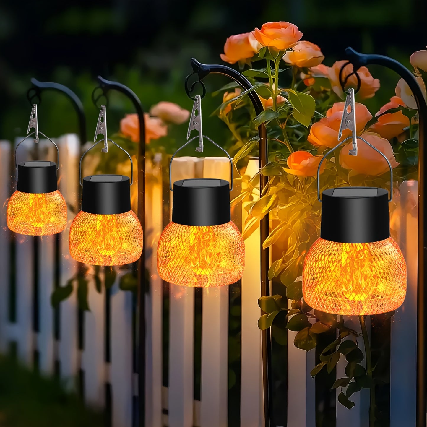 4 Pack Solar Flame Lanterns Outdoor Hanging Lights - Solar-Powered with Auto On/Off, IP65 Waterproof, No Wiring Needed, Black Metal Lanterns with Hanging Hooks for Garden, Patio, Party, Camping, BBQ - Warm Golden-Yellow Flame
