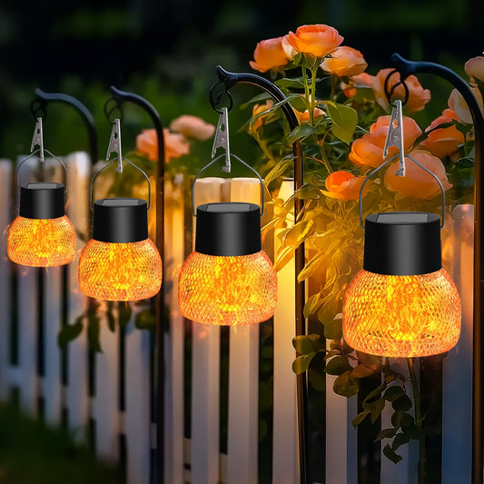 4 Pack Solar Flame Lanterns Outdoor Hanging Lights - Solar-Powered with Auto On/Off, IP65 Waterproof, No Wiring Needed, Black Metal Lanterns with Hanging Hooks for Garden, Patio, Party, Camping, BBQ - Warm Golden-Yellow Flame
