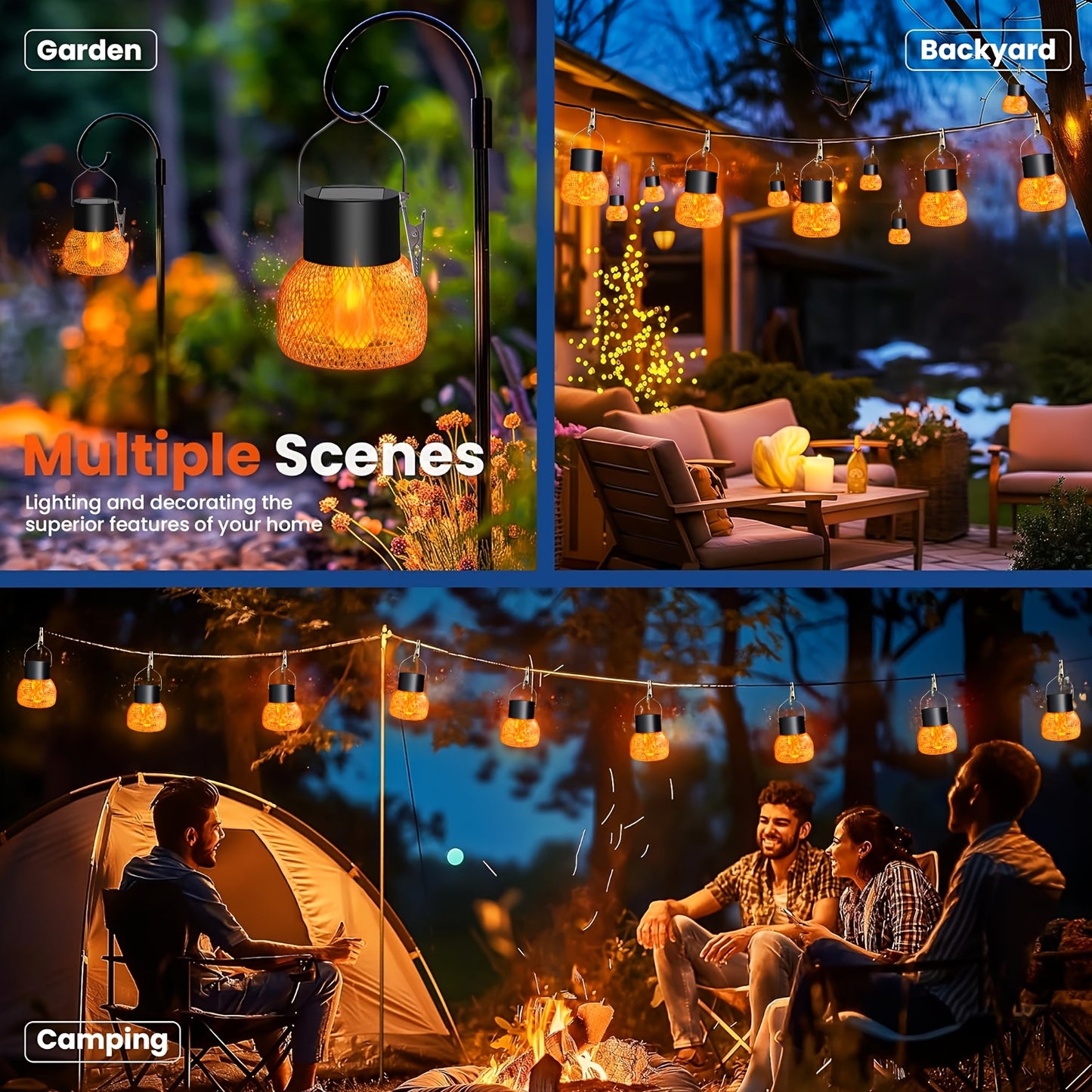 4 Pack Solar Flame Lanterns Outdoor Hanging Lights - Solar-Powered with Auto On/Off, IP65 Waterproof, No Wiring Needed, Black Metal Lanterns with Hanging Hooks for Garden, Patio, Party, Camping, BBQ - Warm Golden-Yellow Flame