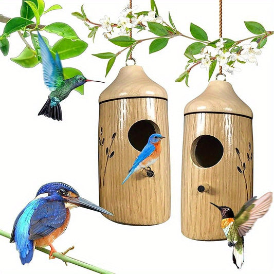 1pc Hummingbird House - Rustic Recycled Wood Bird Feeder & Nesting Shelter for Hummingbirds, Wrens, Swallows, Sparrows - Garden Decor with Easy-Hang Metal Ring, No Electricity Needed, Hummingbird Decor, Natural Wood Construct