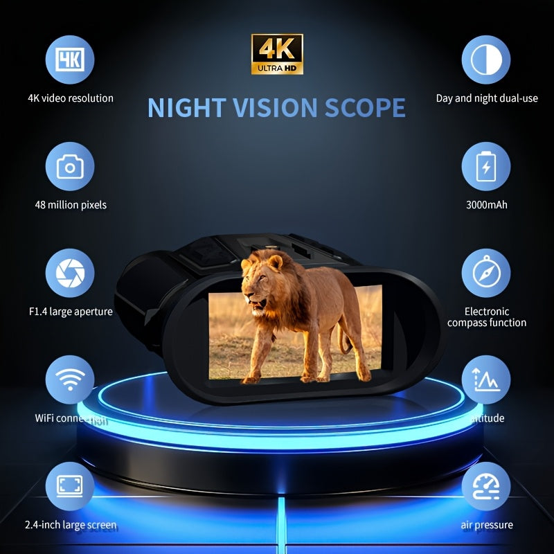 4K Night Vision Binoculars with 16X Digital Zoom, Supporting Photo And Video Recording. 2.4in Screen, 7-Level IR Adjustable, 3000mAh Battery (5-6 Hours), 32GB TF Card, WiFi, Altitude, Barometer, E-Compass - Handheld, Helmet &