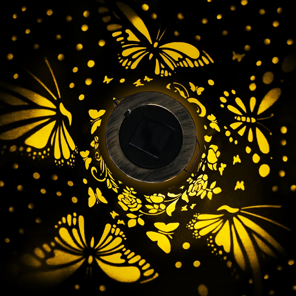 Large Updated Solar Iron Outdoor Decorative Lights - With 3D Dynamic Projection And Solar Battery, Floral And Butterfly Cutouts, IP65, Warm Ambiance Glow Suitable For Courtyards, Balconies, Or Lawns, Perfect Gift.