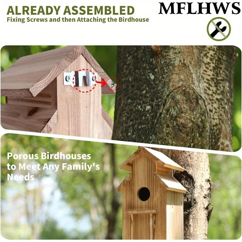 Outdoor Wooden Bird House with Pole - Classic Wall-Mounted Hummingbird House, No Electricity Needed, Durable Weather-Resistant Design for Garden & Patio, Attracts Birds & Wildlife, Bird Decor, Wildlife Attraction, Natural Aes