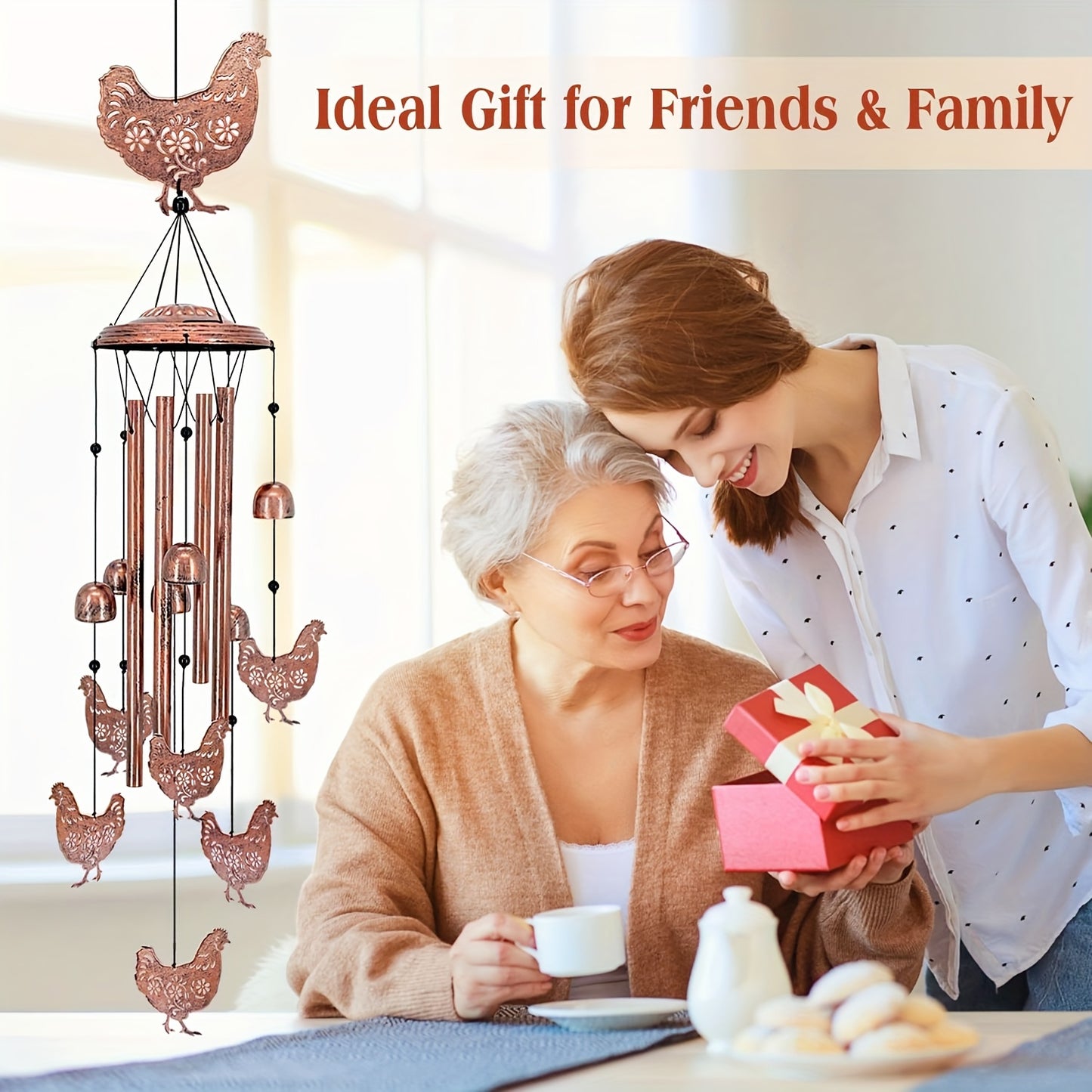 37-Inch Farmhouse Chicken Wind Chime - with Hanging Chains & S-Hooks, Rustic country garden Decor, Durable Metal-like appearance for Patio, Porch, Yard - No Electricity Needed, Perfect Housewarming or Birthday Gift for Farmer