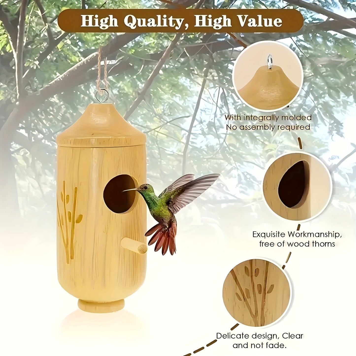 3pcs Natural Wooden Hummingbird House, Outdoor Garden Hummingbird Nest, Bird Feeder - Ideal for Outdoor Hanging, Gardening Gifts Home Decor - Perfect Gift for Bird Lovers