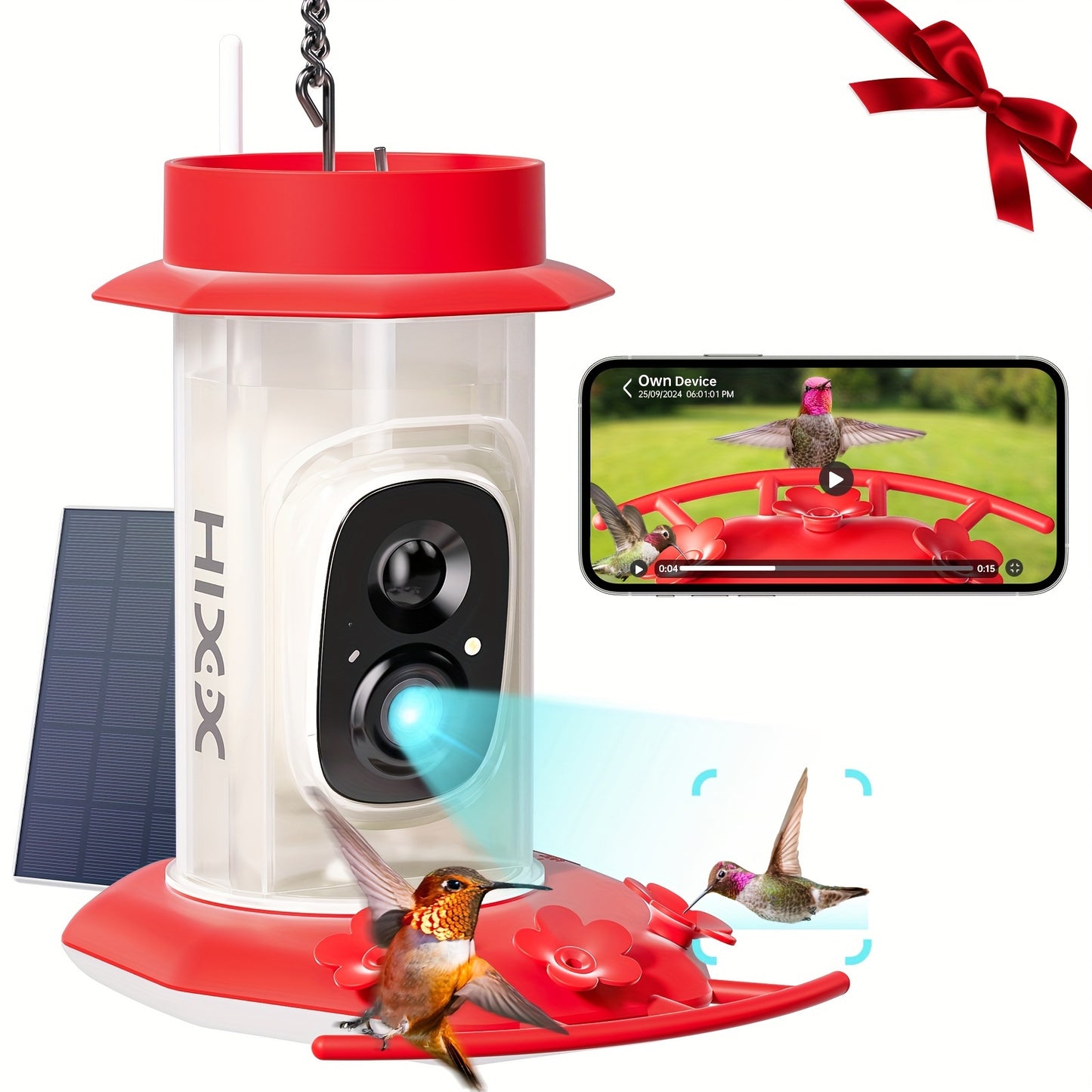 HIXX Smart Hummingbird Feeder with Camera, Hummingbird Feeder Flowers, Outdoor Bird Feeder, Wildlife Observation, Backyard Wildlife, Modern Bird Accessory, Sleek Outdoor Design, Solarpowered Feeder, Durable Plastic, Camera Fe