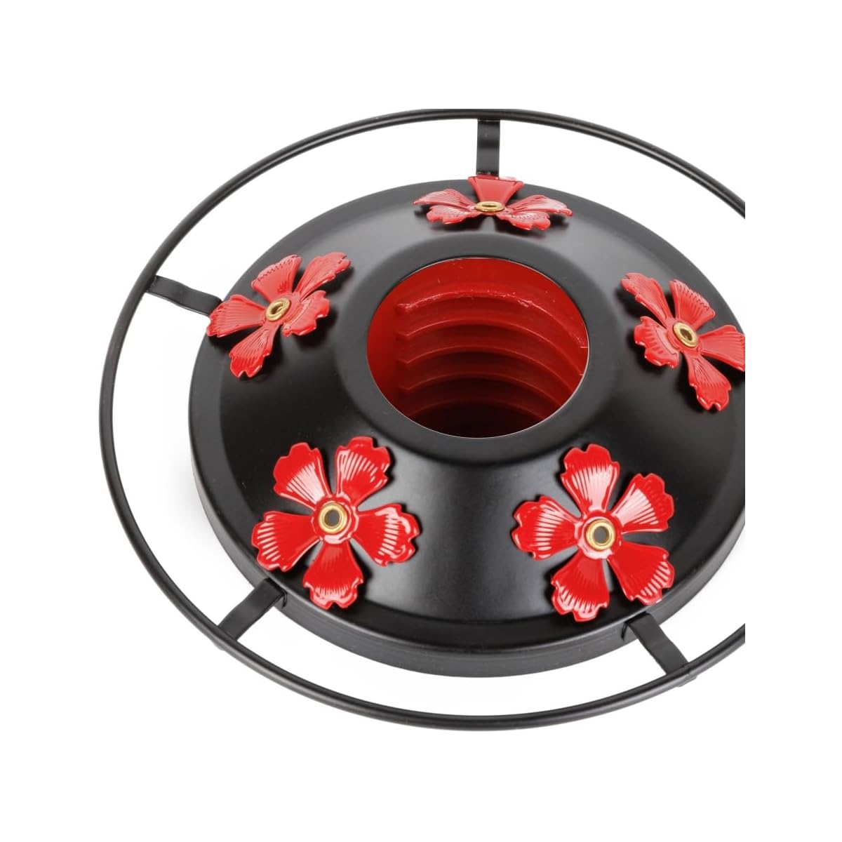 Hummingbird Feeder Replacement Base with Red Plastic Base & Metal Top - 5-Flower Design, Black Outdoor Garden Bird Feeder Part, Durable Metal Construction with Easy-Clean Brushes Included, Compatible with Feeders (No Batterie