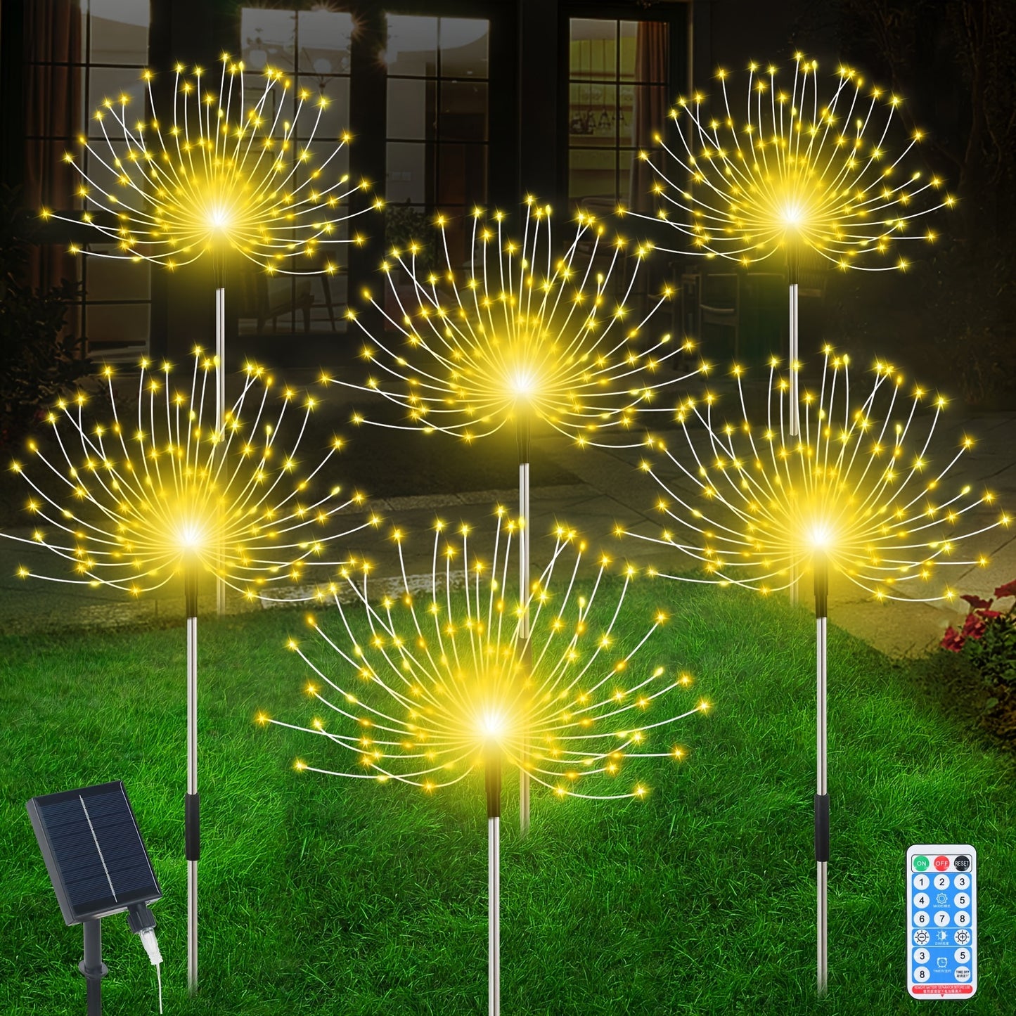 6pcs 720LEDs New Upgrade Outdoor Solar Dandelion Firework Fairy Lights With Remote Control, Easy To Install, With 8 Modes Twinkling&Steady-On, Solar Starburst Sparkler Lights For Yard, Path, Patio Flowerbed, Camping, Parties