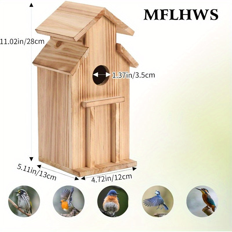Outdoor Wooden Bird House with Pole - Classic Wall-Mounted Hummingbird House, No Electricity Needed, Durable Weather-Resistant Design for Garden & Patio, Attracts Birds & Wildlife, Bird Decor, Wildlife Attraction, Natural Aes