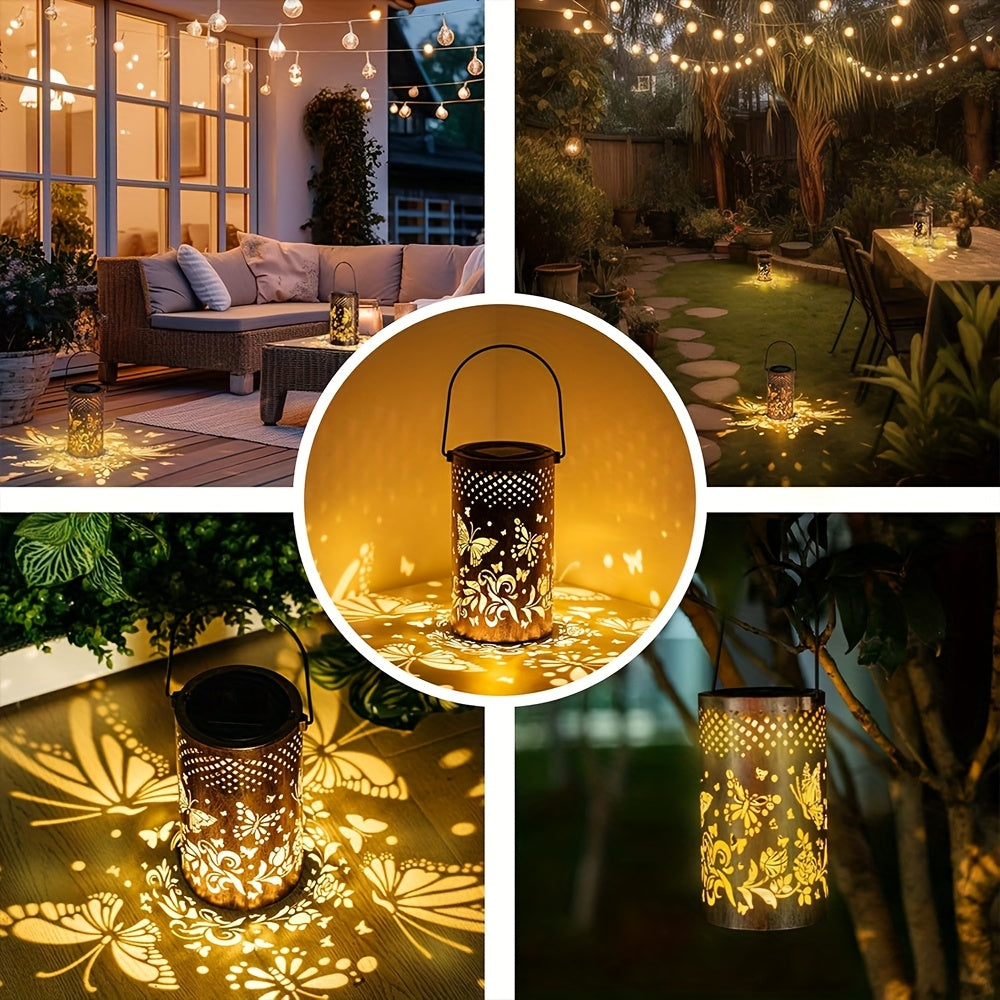 Large Updated Solar Iron Outdoor Decorative Lights - With 3D Dynamic Projection And Solar Battery, Floral And Butterfly Cutouts, IP65, Warm Ambiance Glow Suitable For Courtyards, Balconies, Or Lawns, Perfect Gift.
