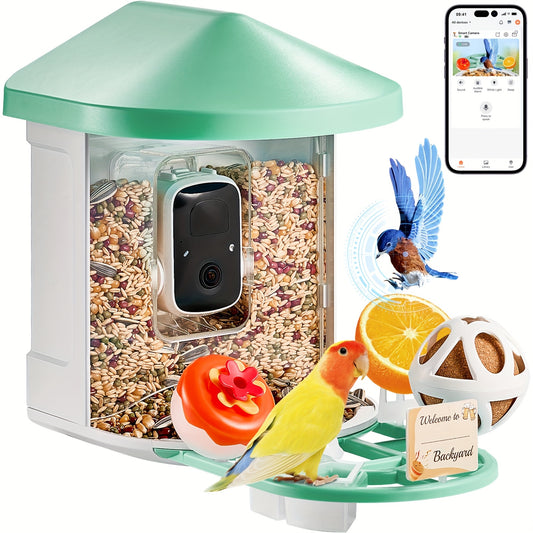 Happybuy Smart Bird Feeder with HD Camera - 10, 000+ Bird IDs, Solar-Powered, Auto Capture & Notify, Includes Fruit & Seed Feeders, Green/Blue Roof, Ideal for Outdoor Birding & Gifts for Bird Lovers, Happybuy
