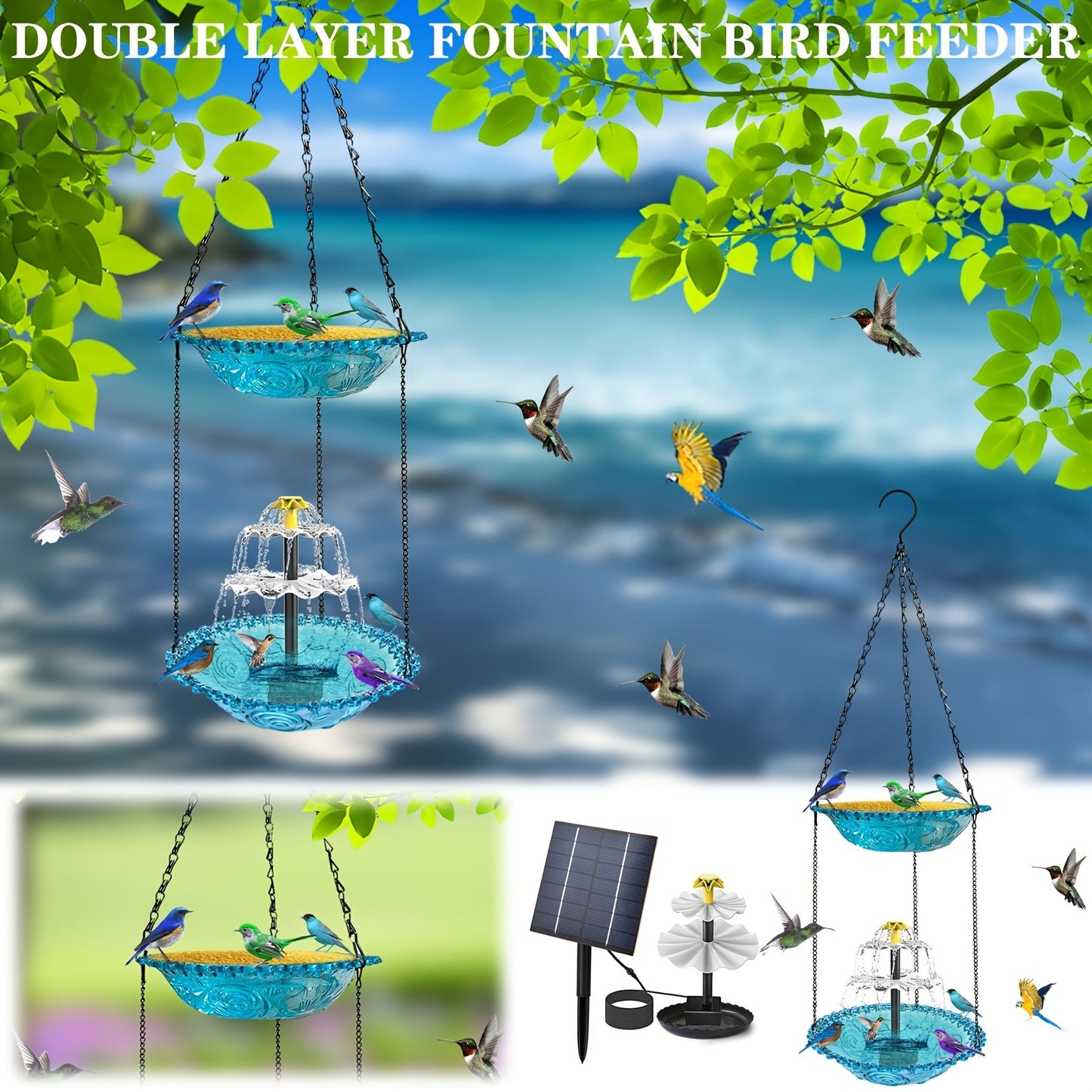 Solar Fountain Bird Bathing Fountain Outdoor Bird Feeder, Three Story Flowing Water Decorative Fountain Bird Feeding & Bathing Equipment, Detachable DIY, Bird Feeding Station, Garden Decoration, Hummingbird Attractor, Bird Lo