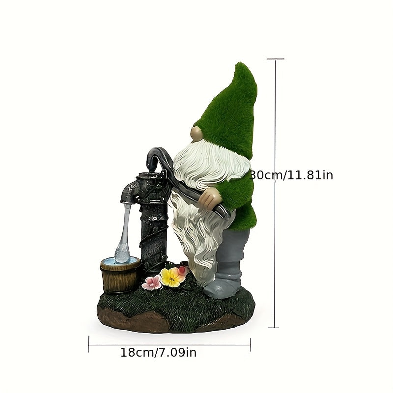 Solar-Powered LED Gnome Fountain Statue with Water Flow & Solar - 12" Resin Birdbath Garden Decor, Outdoor Water Feature with On/Off Button, Solar-Powered for Patio, Yard, Pond, Christmas Decoration (Green Gnome & Flower