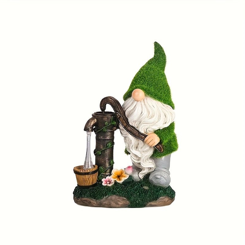 Solar-Powered LED Gnome Fountain Statue with Water Flow & Solar - 12" Resin Birdbath Garden Decor, Outdoor Water Feature with On/Off Button, Solar-Powered for Patio, Yard, Pond, Christmas Decoration (Green Gnome & Flower
