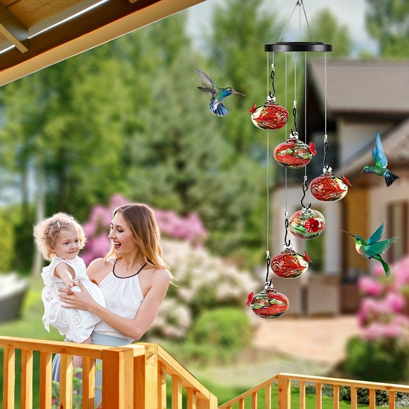 Hand-Blown Glass Wind Chime Hummingbird Feeder - Ant & Bee Proof, Never-Leak Design, Vibrant Floral Garden Decor for Outdoor Use, No Electricity Needed, Hummingbird Decor, Artistic Feeder, Decorative Glassware