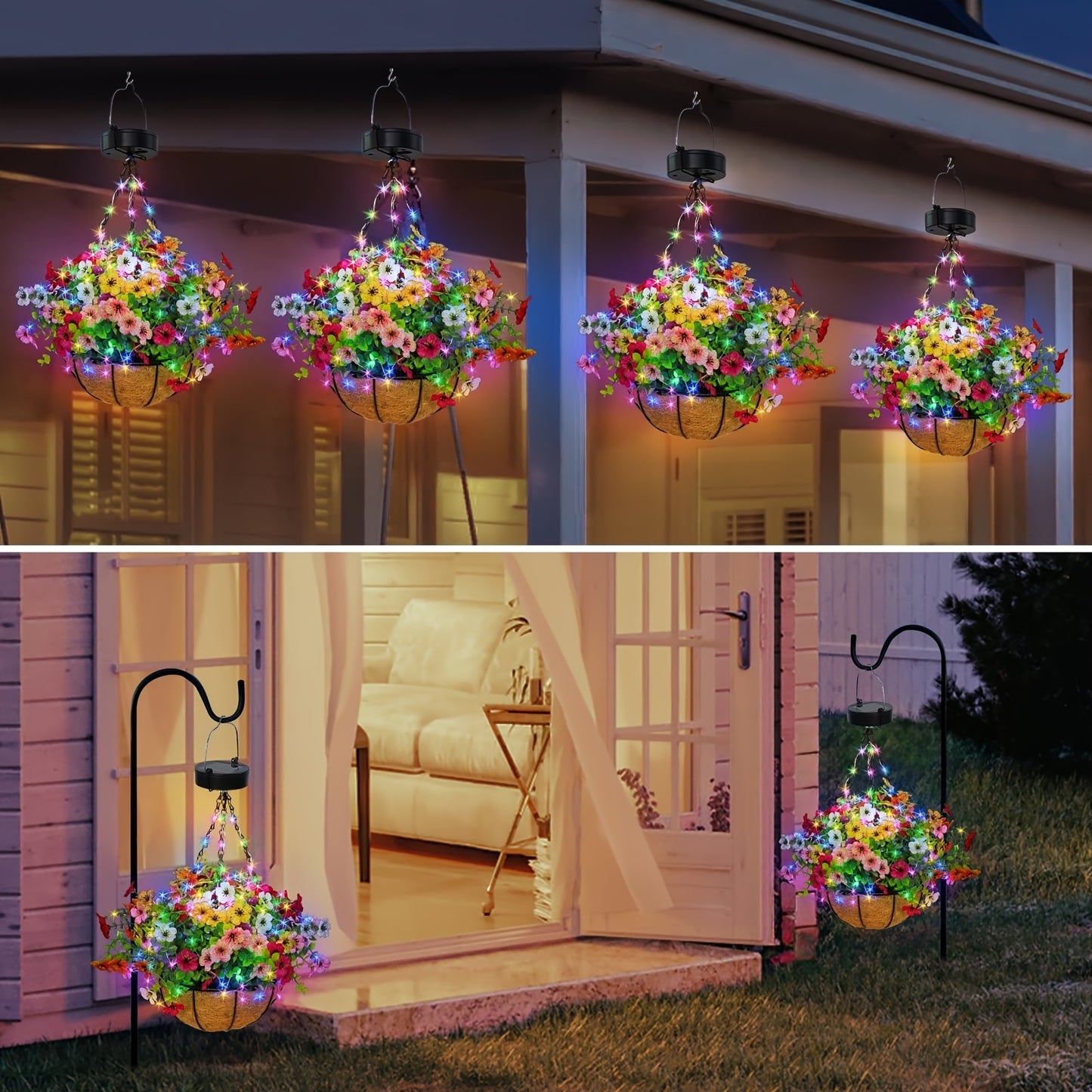 1-Pack Solar-Powered Hanging Lights with Auto On/Off Sensor, Solar Flower Basket Lights with Fake Plants - Outdoor Garden, Patio, Pathway, Lawn Decorations - Solar Lighting for Landscape, No Wiring Needed, Durable Plastic Con