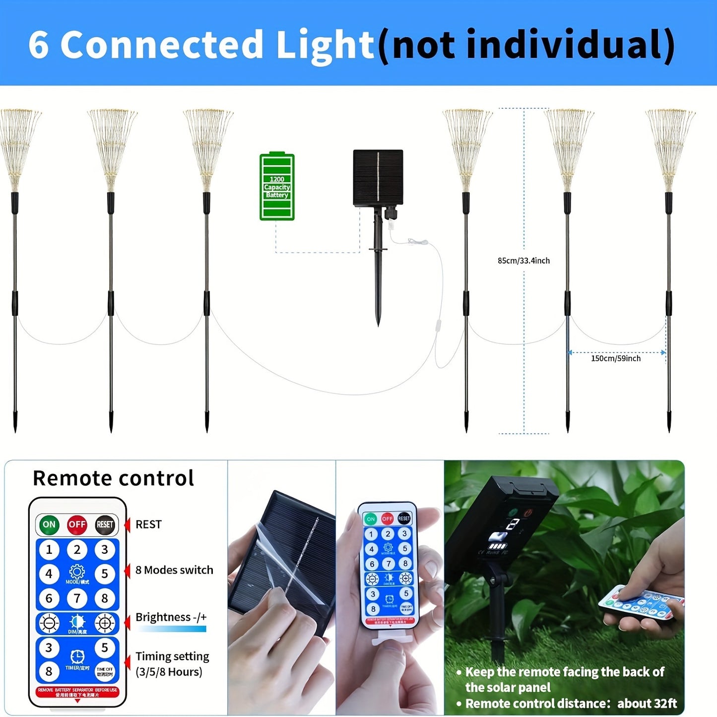 6 Pack Solar Firework Lights, 720 LED Lights USB Charging, 8 Lighting Modes With Remote Control, 4 Brightness DIY Firefly Lamp For Path Christmas Party