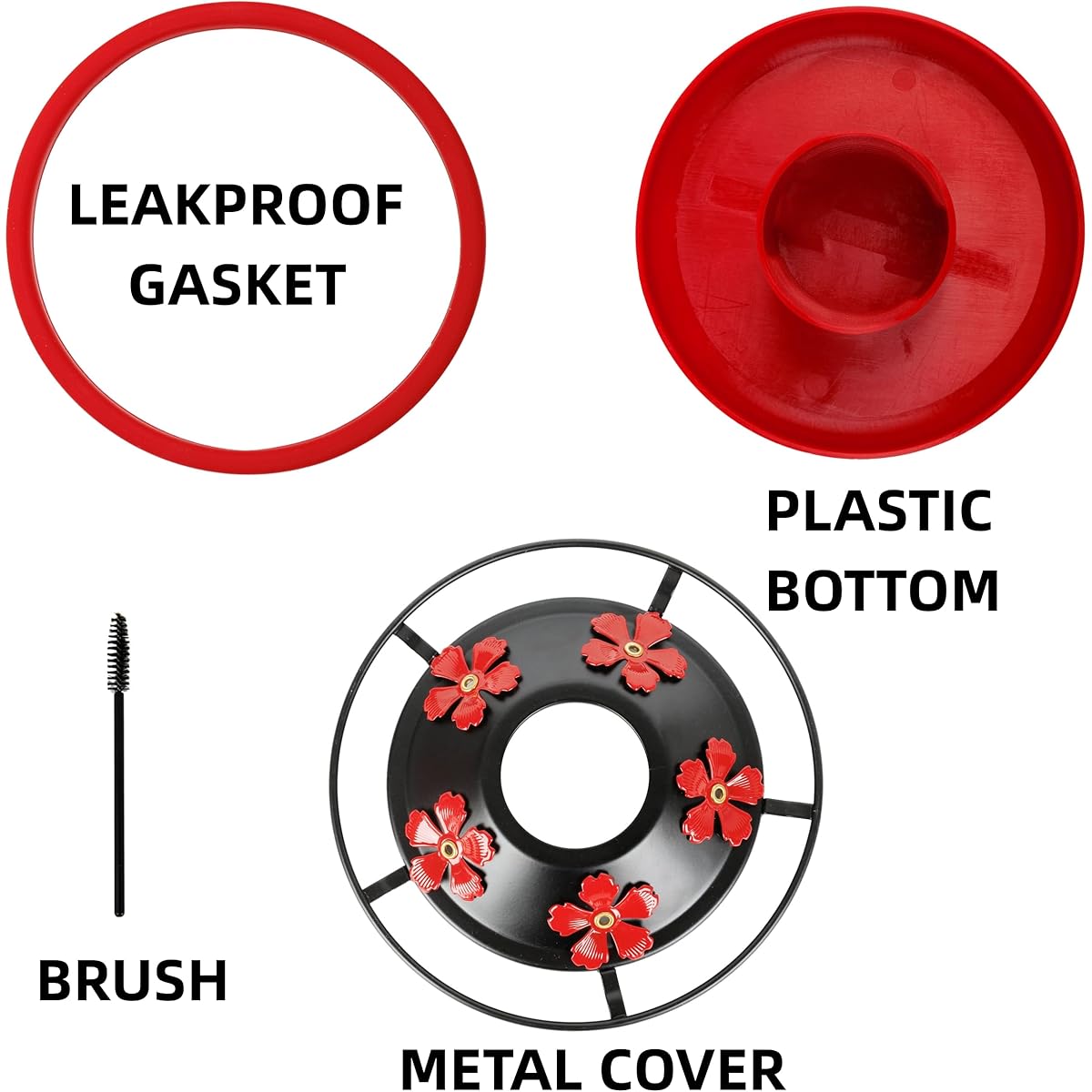 Hummingbird Feeder Replacement Base with Red Plastic Base & Metal Top - 5-Flower Design, Black Outdoor Garden Bird Feeder Part, Durable Metal Construction with Easy-Clean Brushes Included, Compatible with Feeders (No Batterie