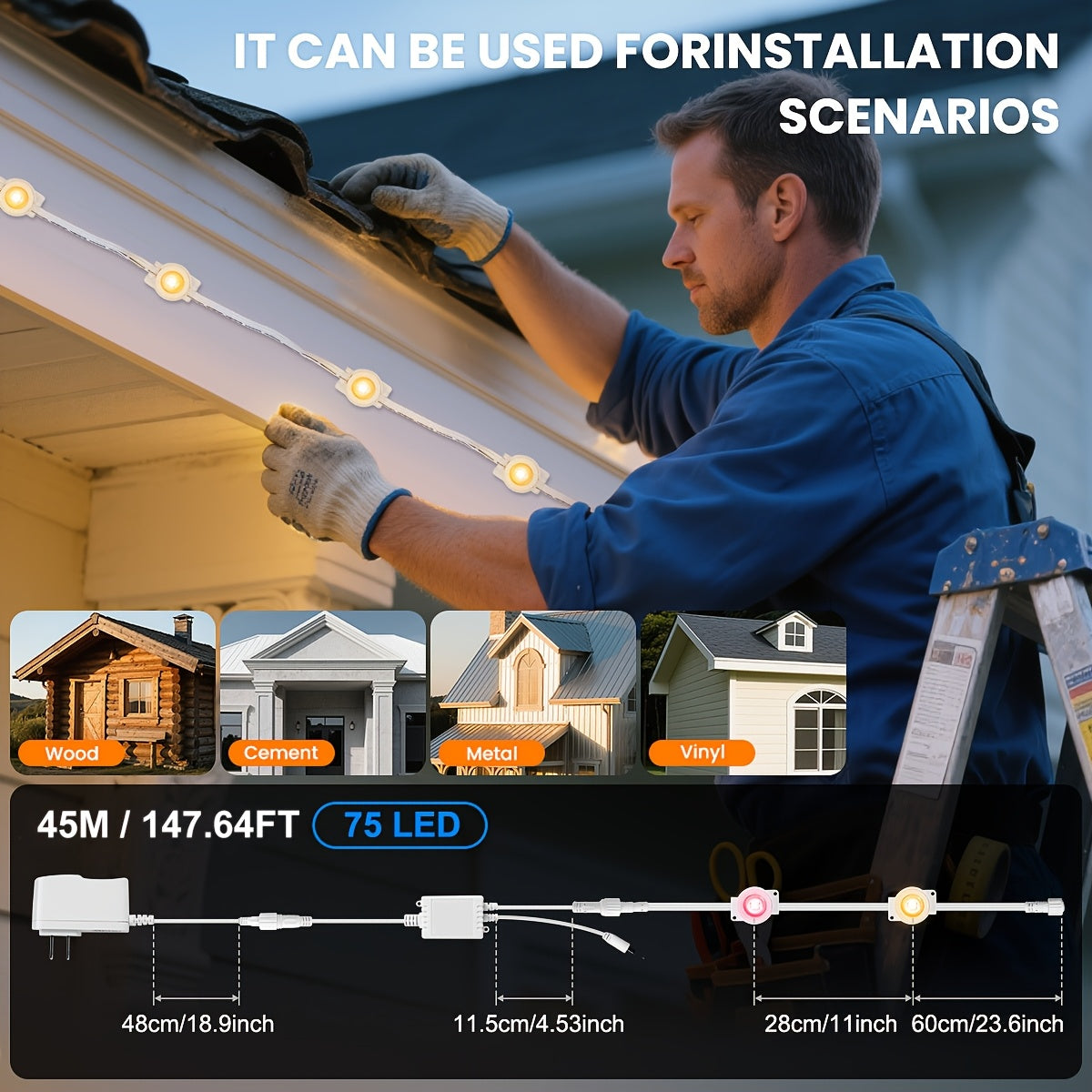 100ft 50LEDS/150ft 75LEDS Permanent Outdoor Lights, for House Roof, Christmas, Holiday, Party, Daily Lighting, IP67 Waterproof, RGB Eaves Lights with Multi Scene Modes for Halloween, APP & 44 KEY Remote, Festive Lights, Dynam