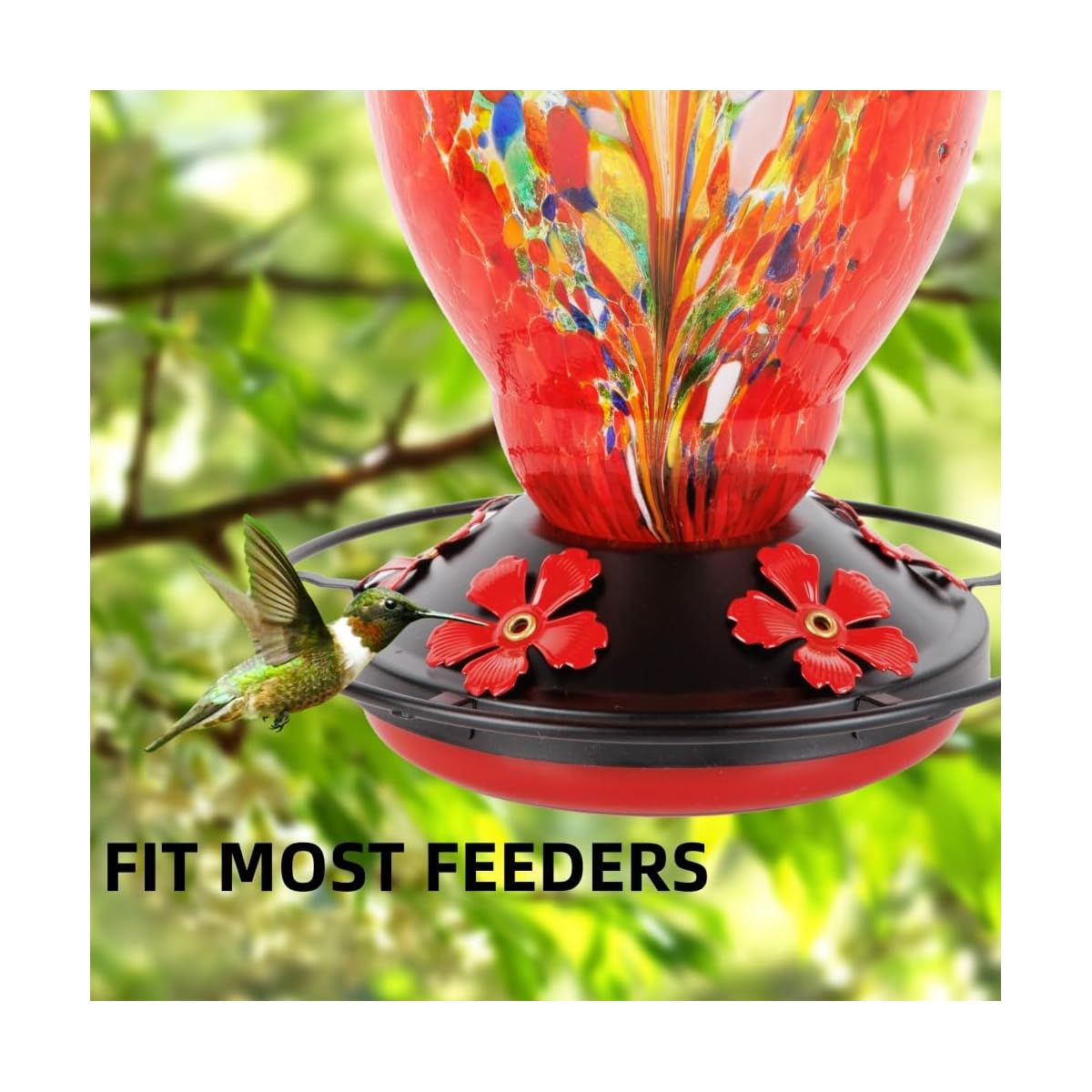 Hummingbird Feeder Replacement Base with Red Plastic Base & Metal Top - 5-Flower Design, Black Outdoor Garden Bird Feeder Part, Durable Metal Construction with Easy-Clean Brushes Included, Compatible with Feeders (No Batterie