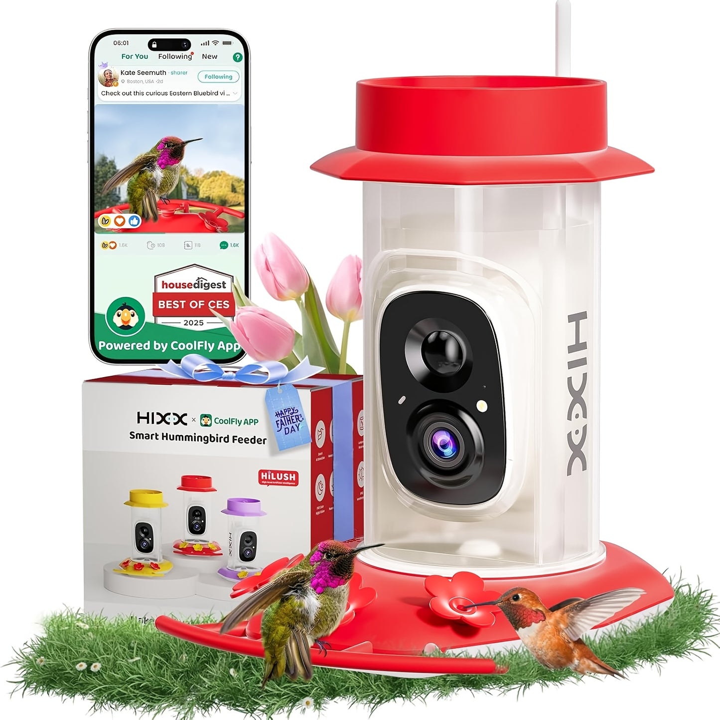 HIXX Smart Hummingbird Feeder with Camera, Hummingbird Feeder Flowers, Outdoor Bird Feeder, Wildlife Observation, Backyard Wildlife, Modern Bird Accessory, Sleek Outdoor Design, Solarpowered Feeder, Durable Plastic, Camera Fe