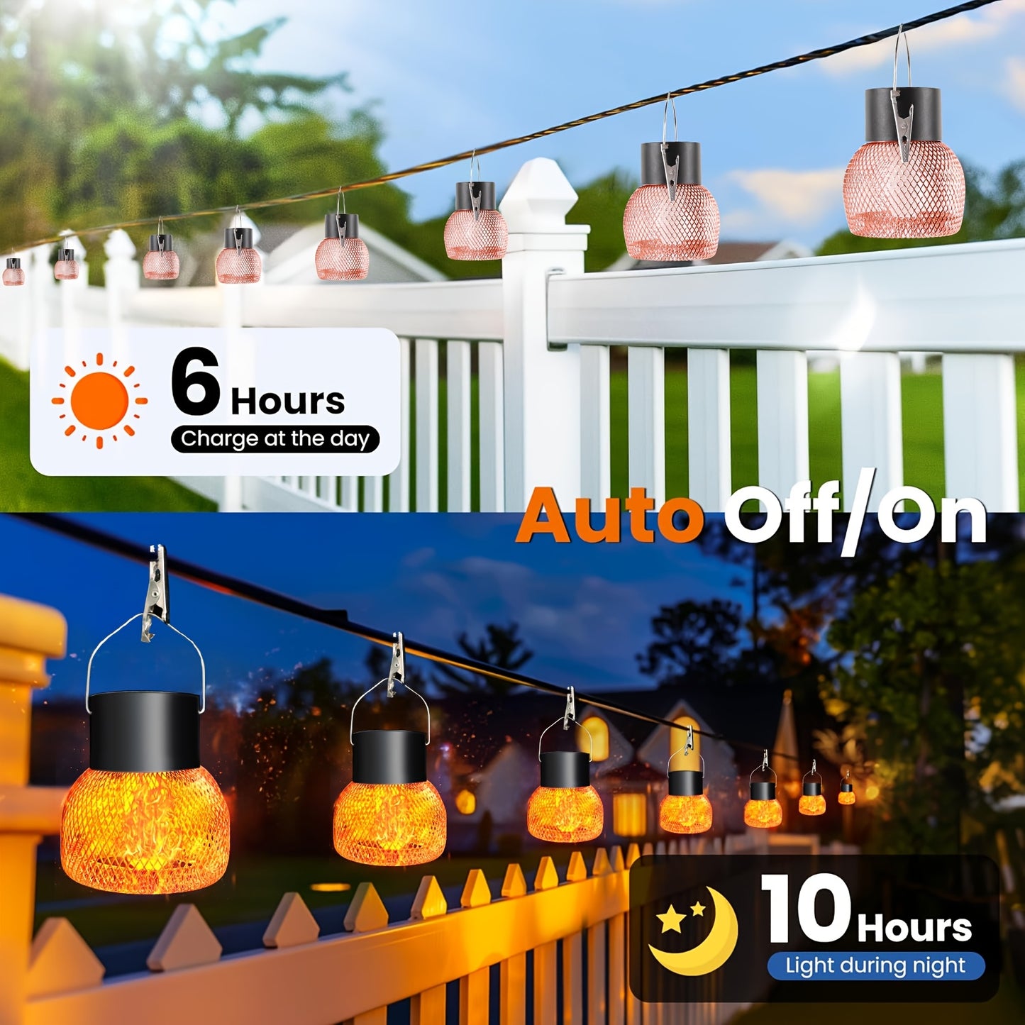 4 Pack Solar Flame Lanterns Outdoor Hanging Lights - Solar-Powered with Auto On/Off, IP65 Waterproof, No Wiring Needed, Black Metal Lanterns with Hanging Hooks for Garden, Patio, Party, Camping, BBQ - Warm Golden-Yellow Flame