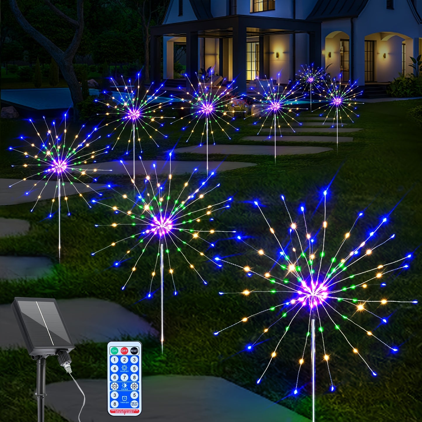 6 Pack Solar Firework Lights, 720 LED Lights USB Charging, 8 Lighting Modes With Remote Control, 4 Brightness DIY Firefly Lamp For Path Christmas Party