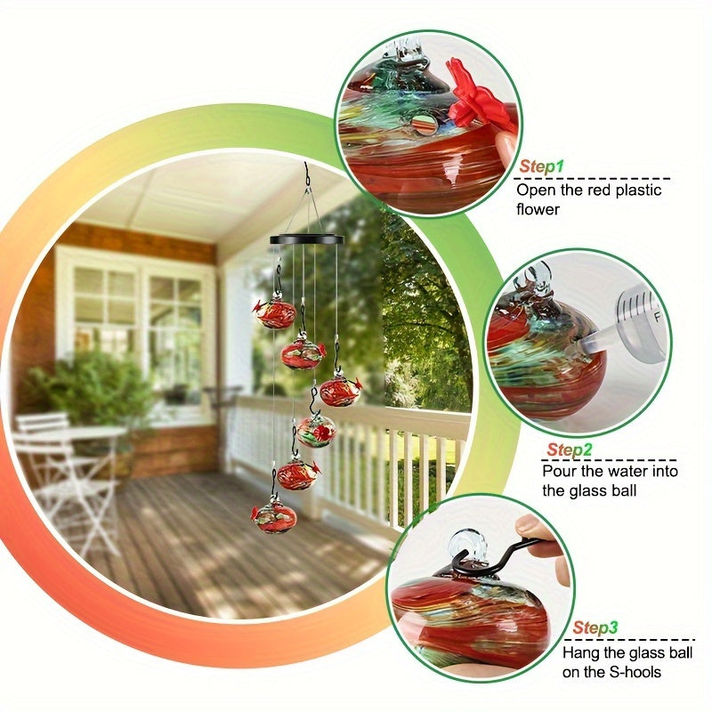 Hand-Blown Glass Wind Chime Hummingbird Feeder - Ant & Bee Proof, Never-Leak Design, Vibrant Floral Garden Decor for Outdoor Use, No Electricity Needed, Hummingbird Decor, Artistic Feeder, Decorative Glassware