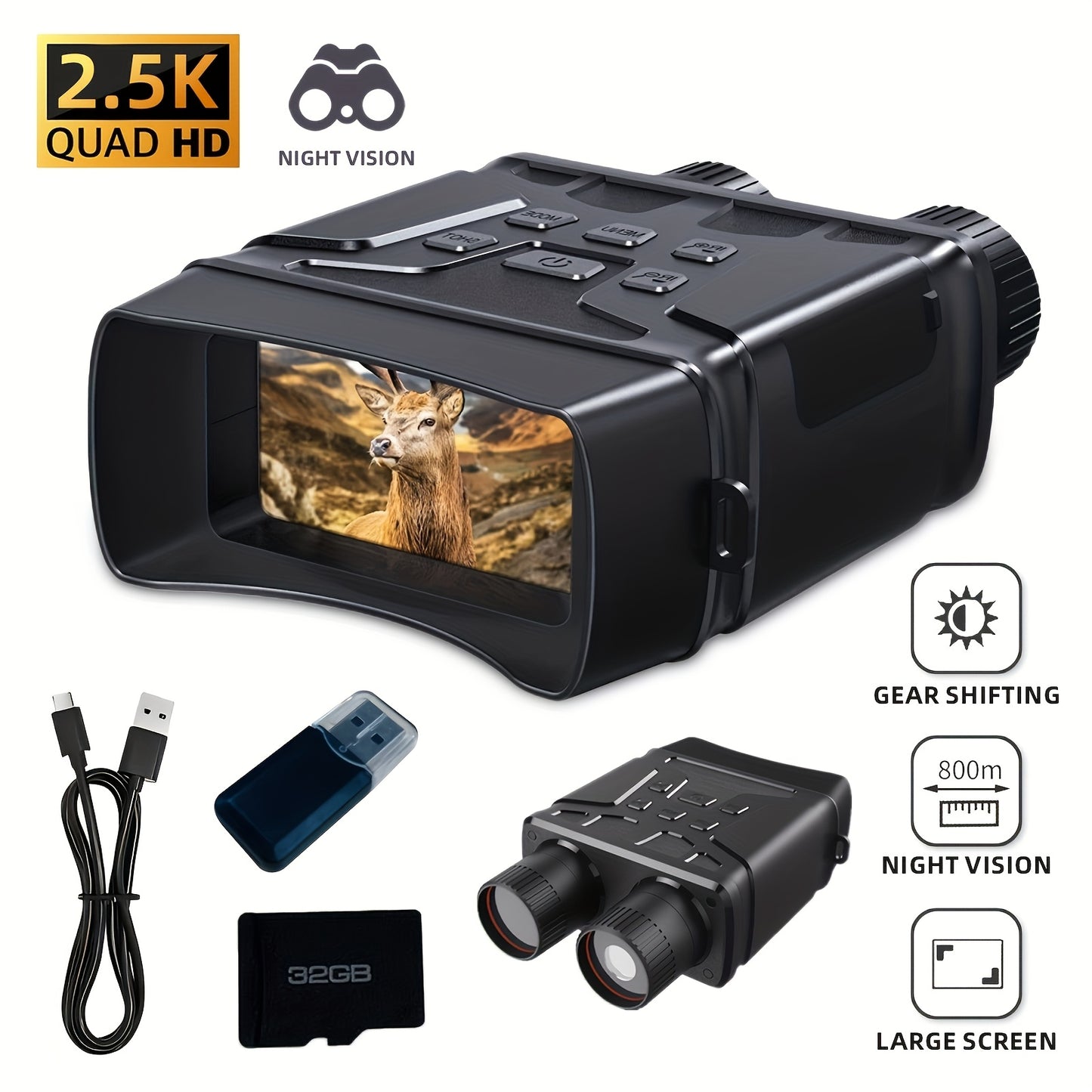 NOVALENS 10x50 Night Vision Binoculars Goggles with 2.4" HD day/night vision, infrared night scope, 10X magnification, Built-in camera with 32GB SD card, for Surveillance, Hunting, Camping, Security Patrols - Compact & Portab