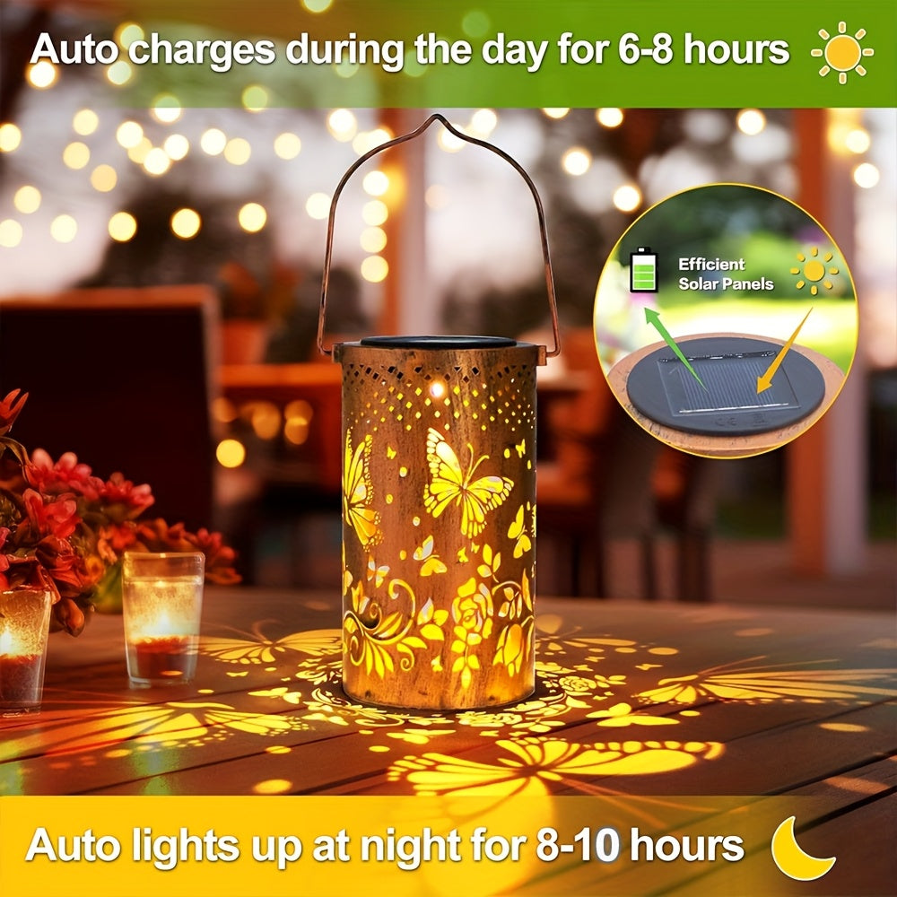 Large Updated Solar Iron Outdoor Decorative Lights - With 3D Dynamic Projection And Solar Battery, Floral And Butterfly Cutouts, IP65, Warm Ambiance Glow Suitable For Courtyards, Balconies, Or Lawns, Perfect Gift.