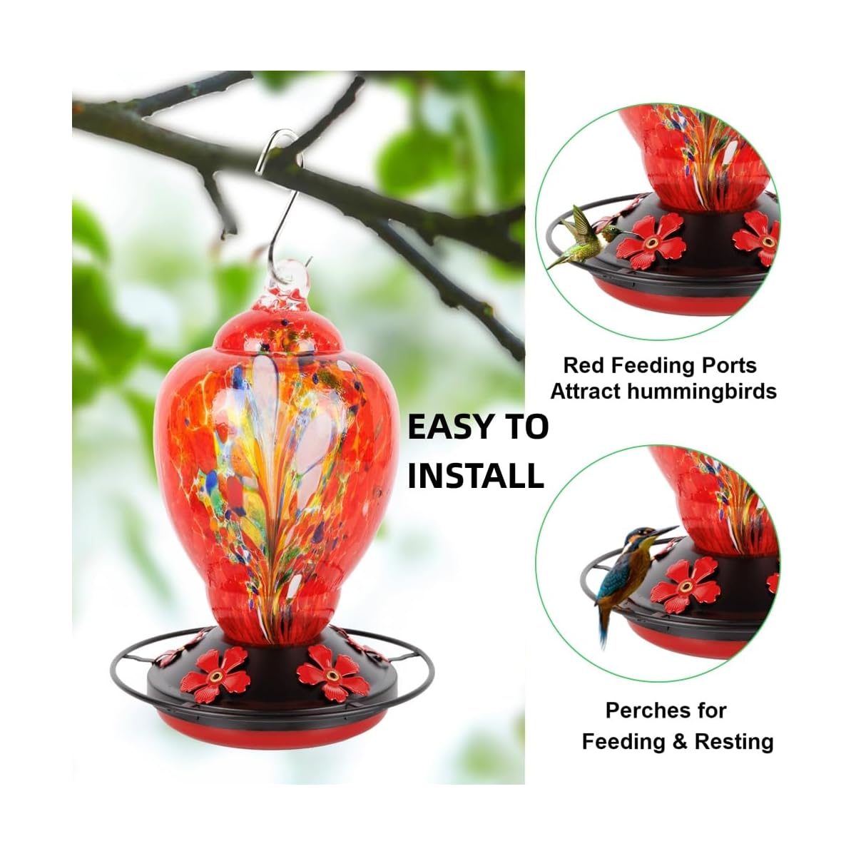 Hummingbird Feeder Replacement Base with Red Plastic Base & Metal Top - 5-Flower Design, Black Outdoor Garden Bird Feeder Part, Durable Metal Construction with Easy-Clean Brushes Included, Compatible with Feeders (No Batterie